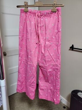 Pink Drawstring Pajama Pants with White Daisy Print Small